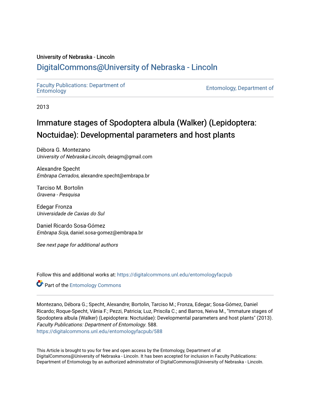 Immature Stages of Spodoptera Albula (Walker) (Lepidoptera: Noctuidae): Developmental Parameters and Host Plants