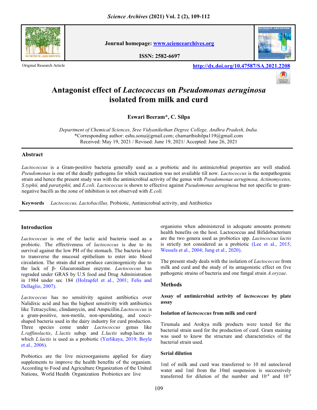 Antagonist Effect of Lactococcus on Pseudomonas Aeruginosa Isolated from Milk and Curd