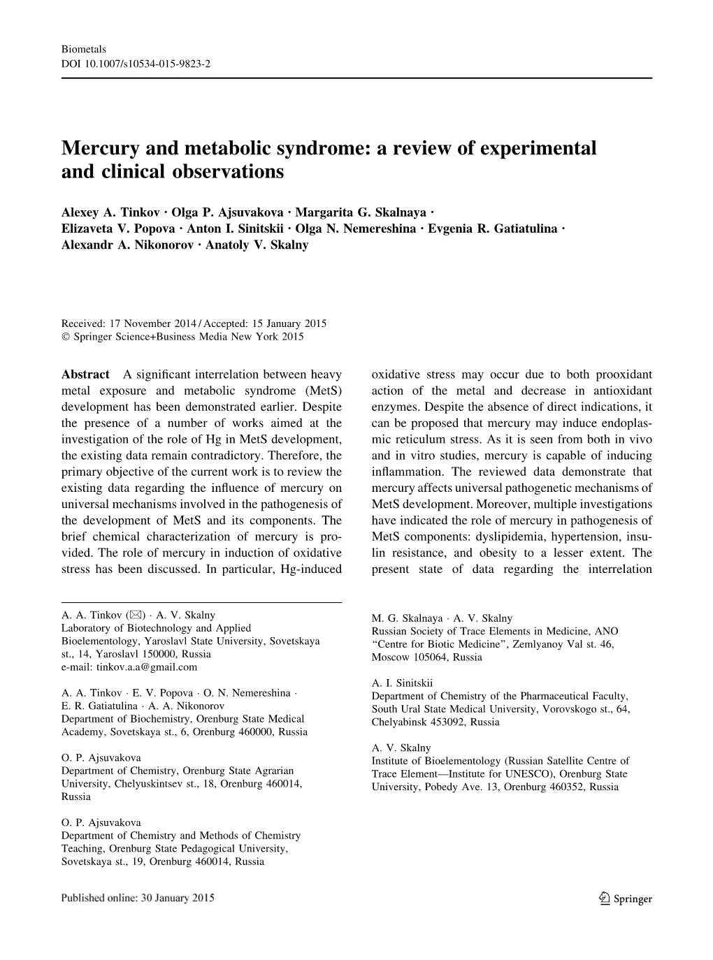 Mercury and Metabolic Syndrome: a Review of Experimental and Clinical Observations