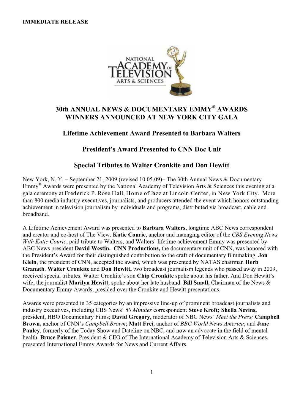 30Th ANNUAL NEWS & DOCUMENTARY EMMY AWARDS