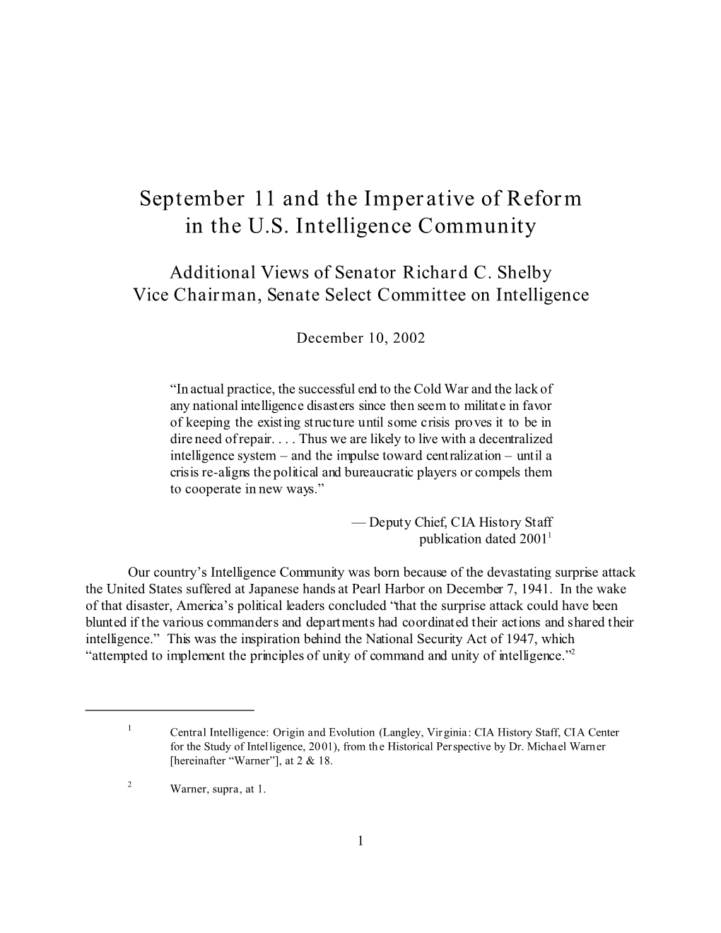 September 11 and the Imperative of Reform in the U.S. Intelligence Community