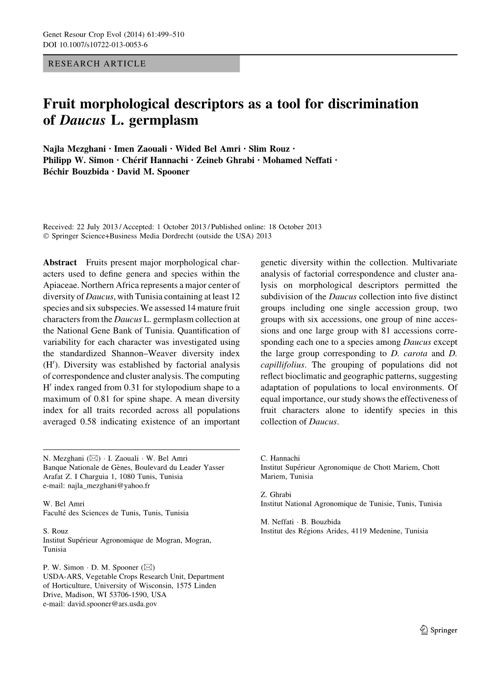 Fruit Morphological Descriptors As a Tool for Discrimination of Daucus L. Germplasm