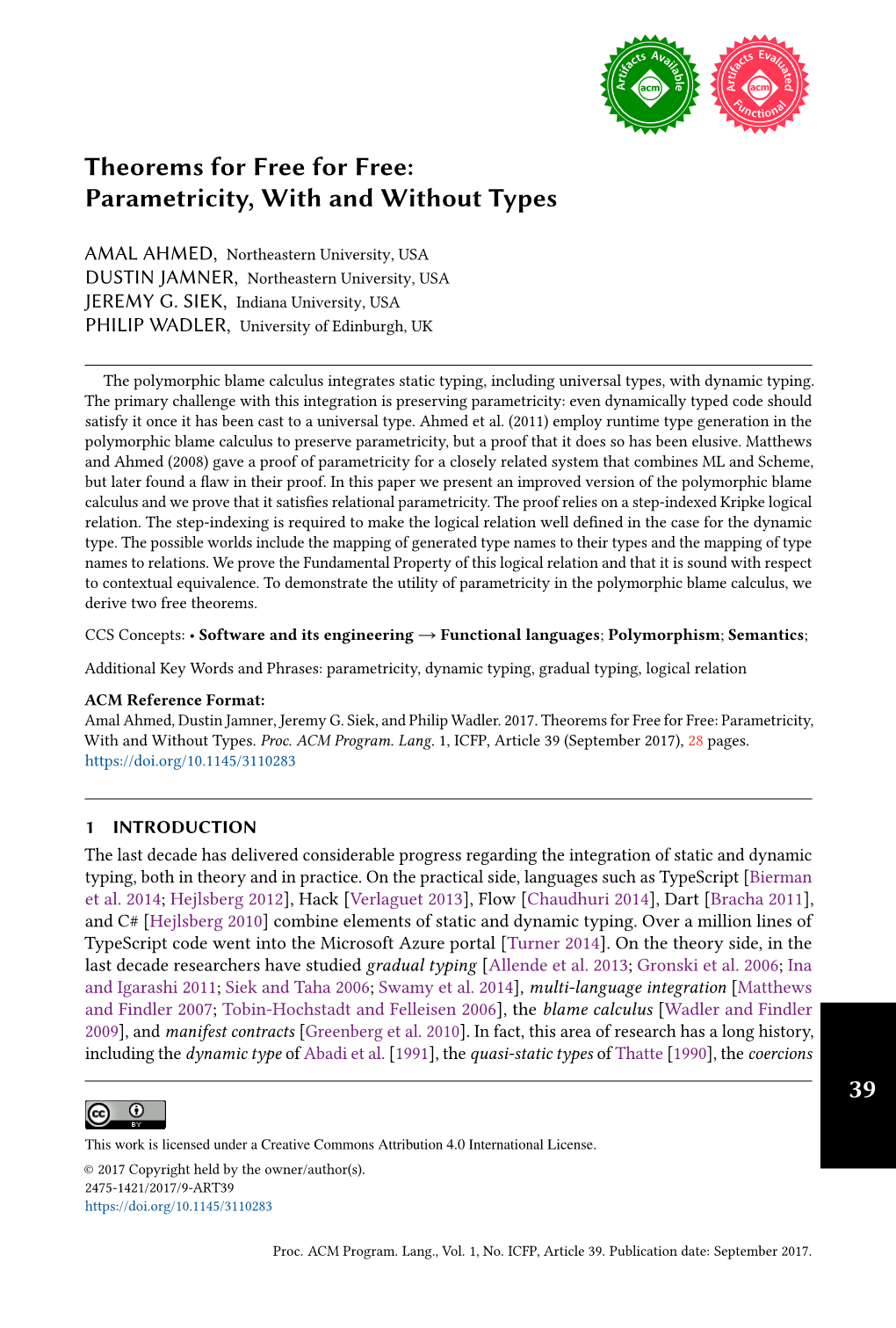 Theorems for Free for Free: Parametricity, with and Without Types