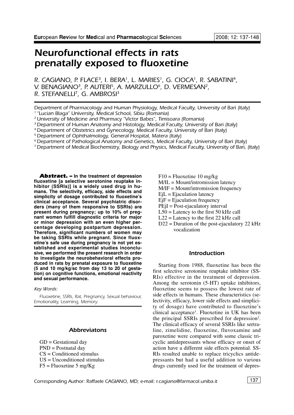 Neurofunctional Effects in Rats Prenatally Exposed to Fluoxetine