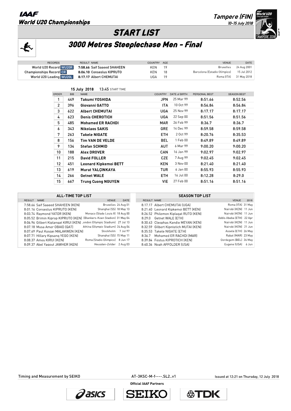 START LIST 3000 Metres Steeplechase Men - Final