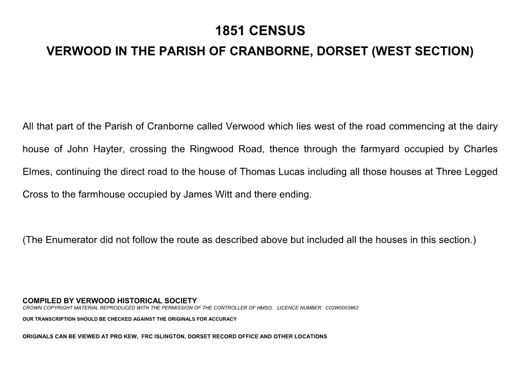 1851 Census Verwood in the Parish of Cranborne, Dorset (West Section)