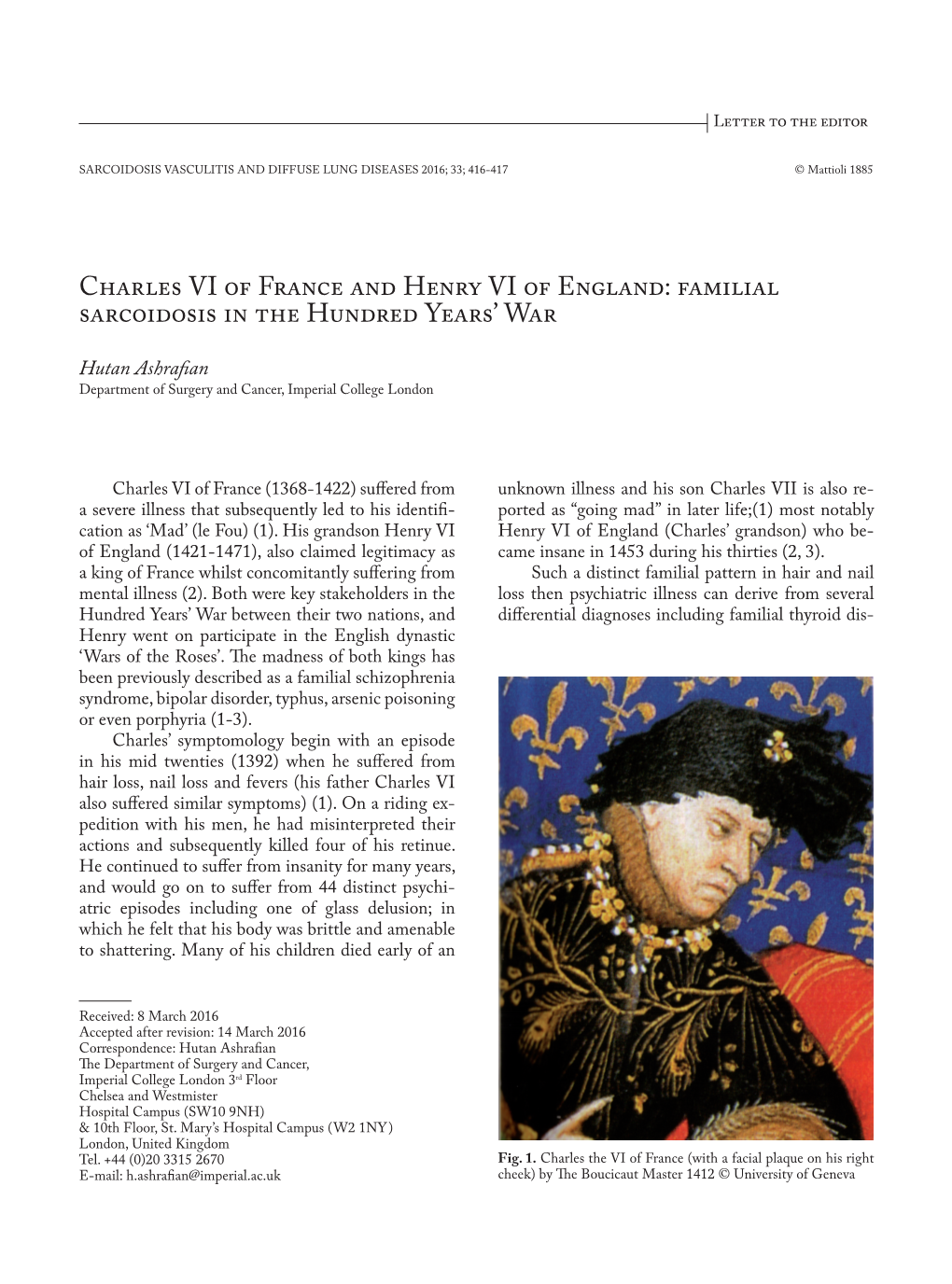 Charles VI of France and Henry VI of England: Familial Sarcoidosis in the Hundred Years’ War