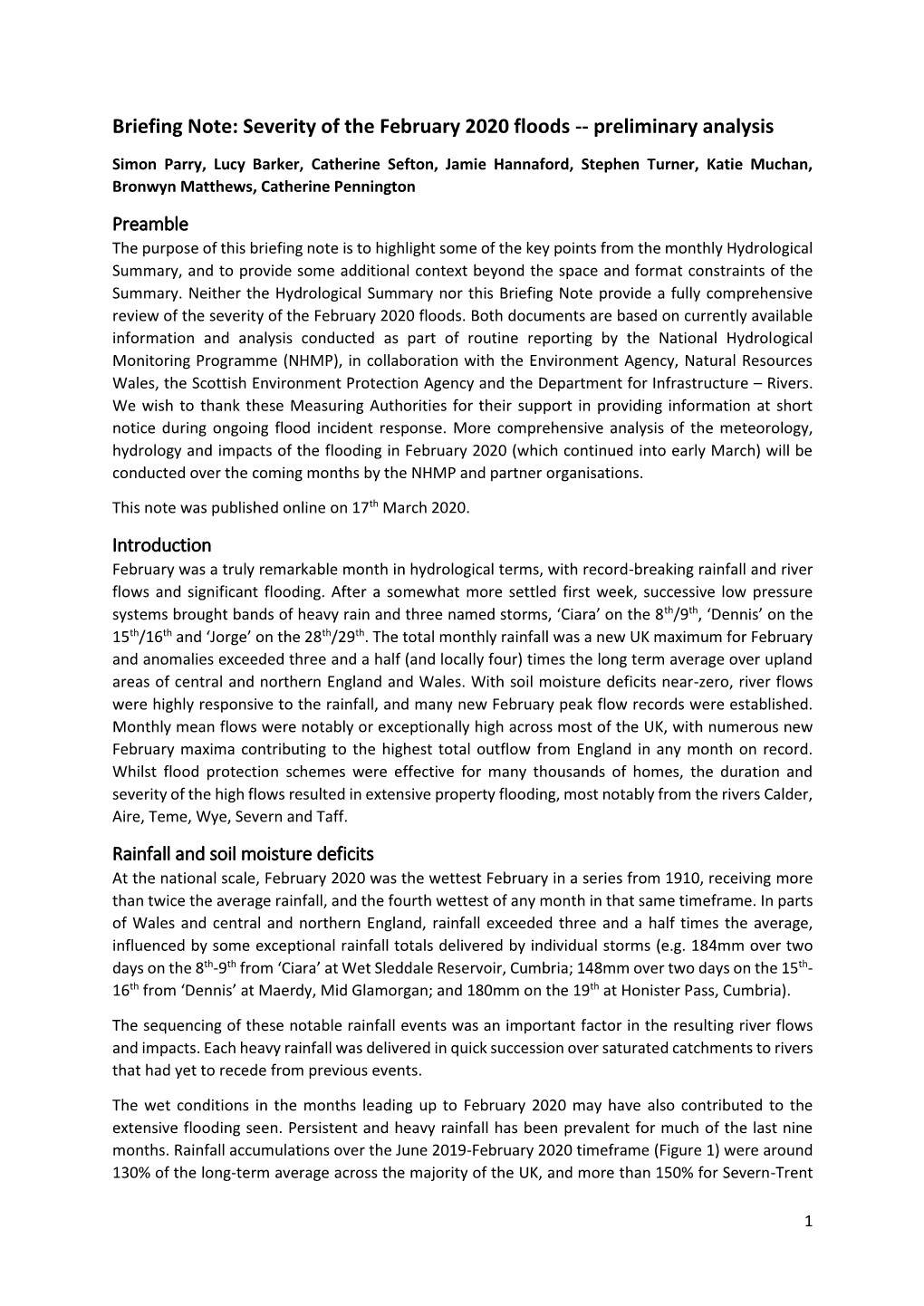 Briefing Note: Severity of the February 2020 Floods -- Preliminary Analysis