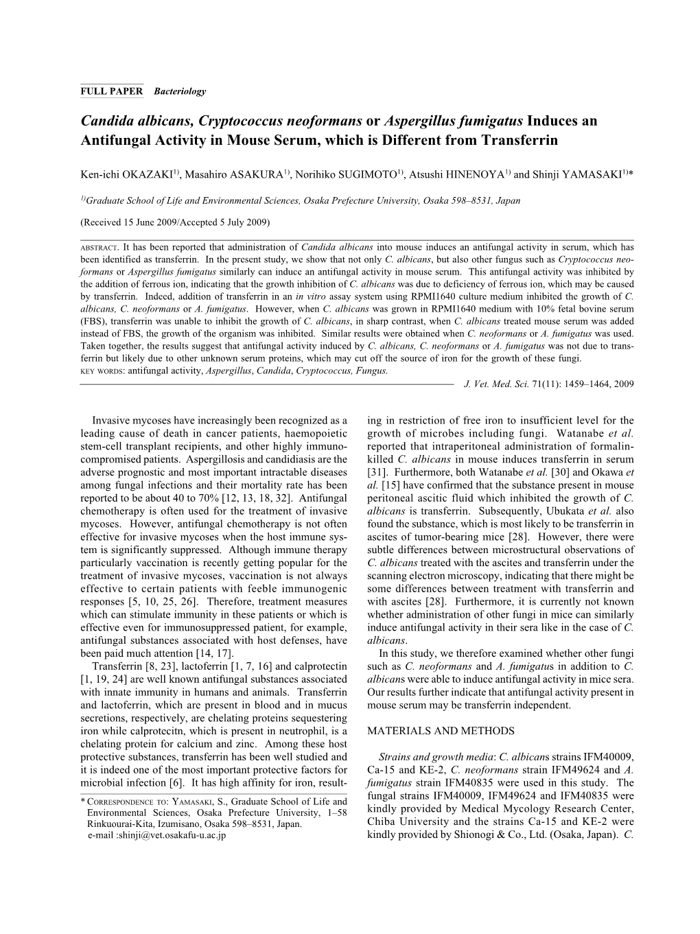 Candida Albicans, Cryptococcus Neoformans Or Aspergillus Fumigatus Induces an Antifungal Activity in Mouse Serum, Which Is Different from Transferrin