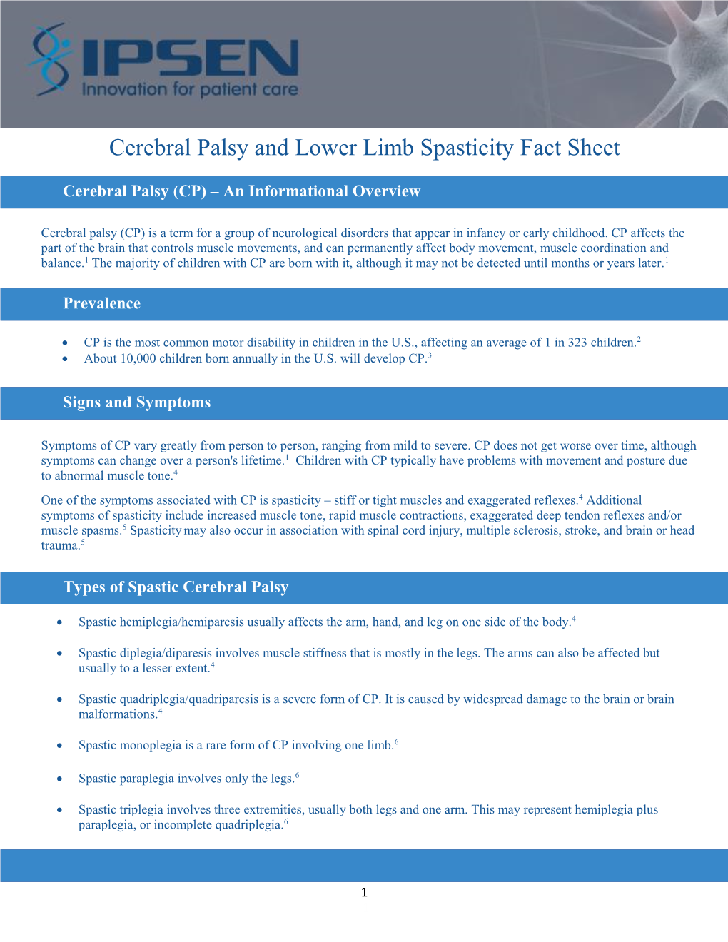 Cerebral Palsy and Lower Limb Spasticity Fact Sheet