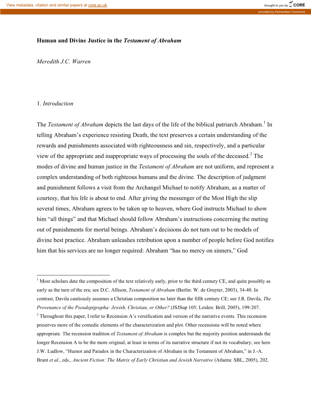 Human and Divine Justice in the Testament of Abraham Meredith J.C. Warren 1. Introduction the Testament of Abraham Depicts the L