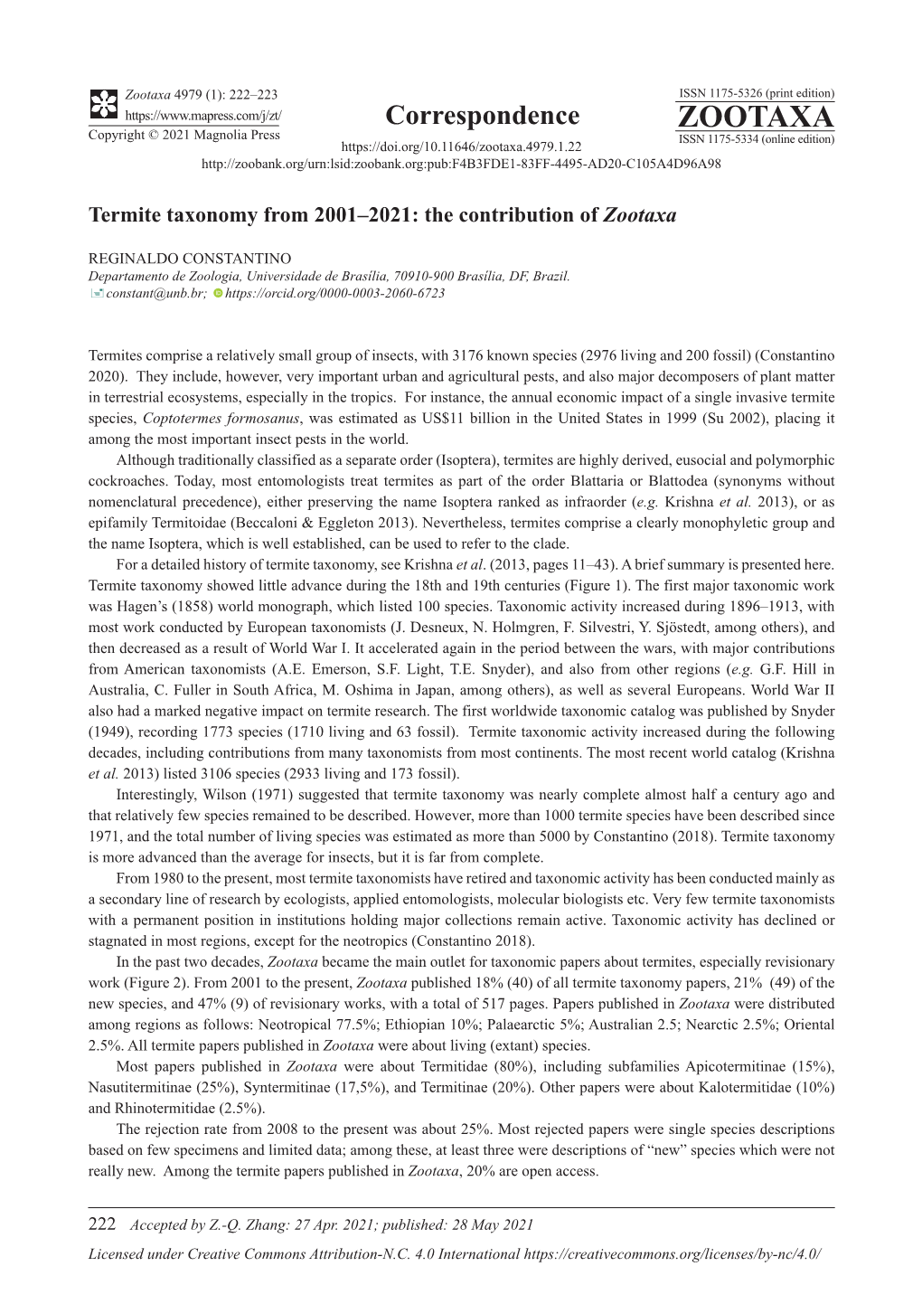 Termite Taxonomy from 2001–2021: the Contribution of Zootaxa