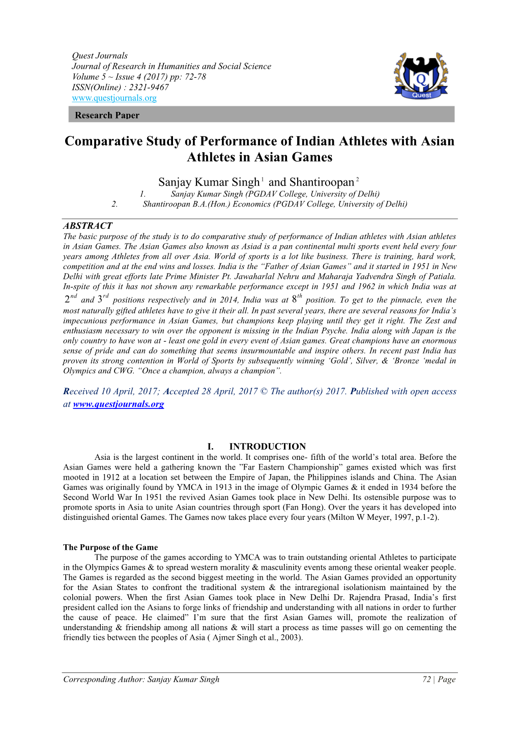 Comparative Study of Performance of Indian Athletes with Asian Athletes in Asian Games