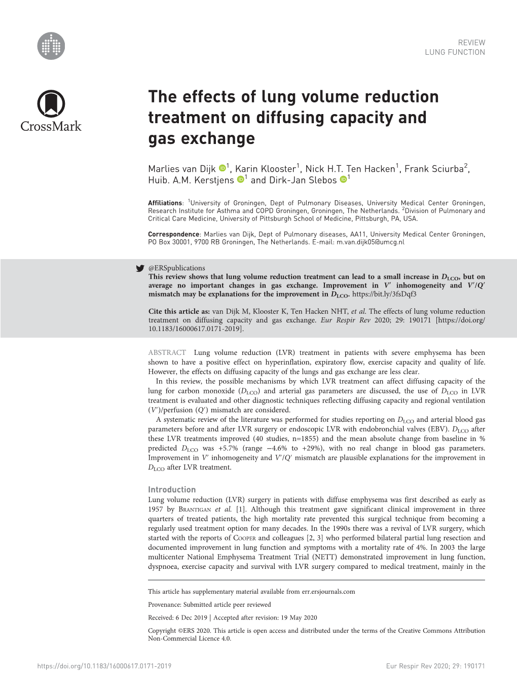 The Effects of Lung Volume Reduction Treatment on Diffusing Capacity and Gas'exchange