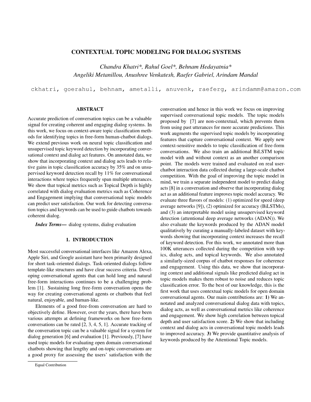 CONTEXTUAL TOPIC MODELING for DIALOG SYSTEMS Chandra