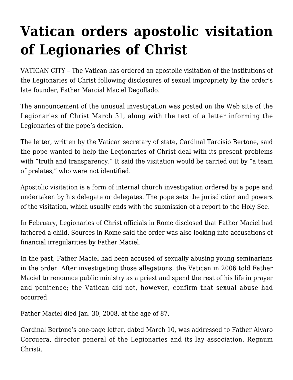 Vatican Orders Apostolic Visitation of Legionaries of Christ