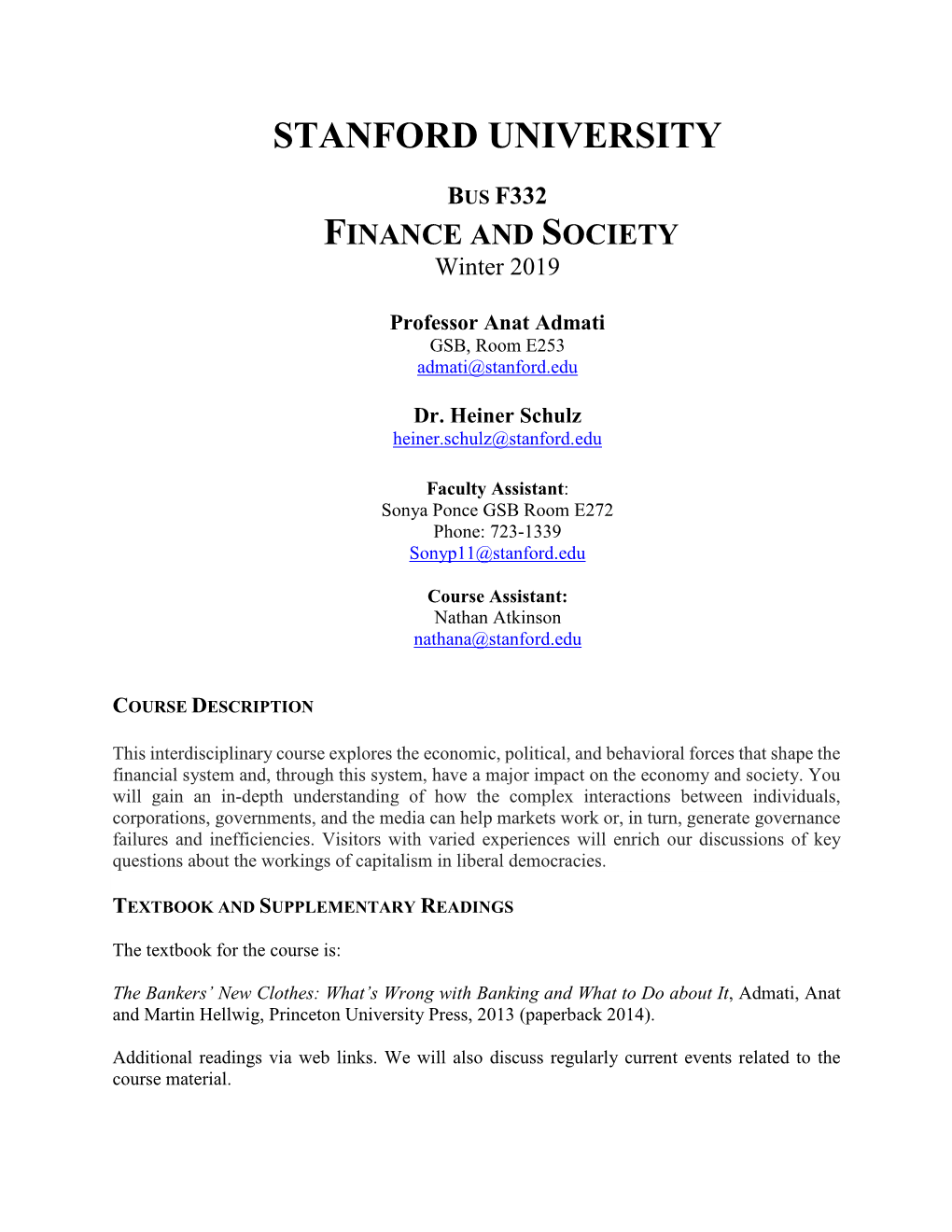 Stanford University Bus F332 Finance and Society