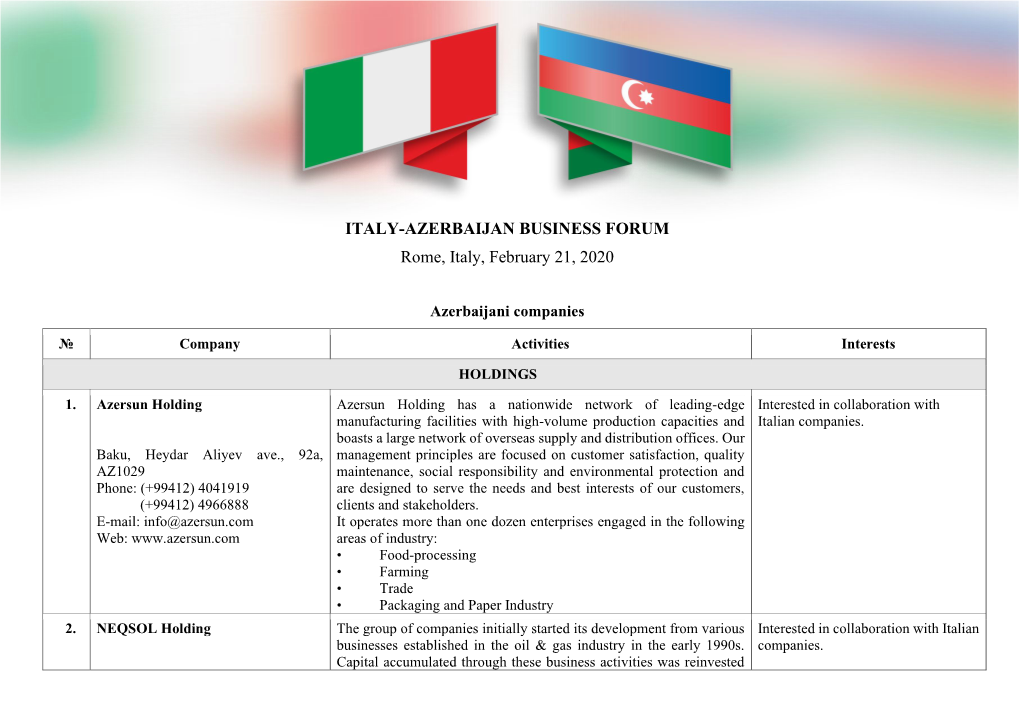 ITALY-AZERBAIJAN BUSINESS FORUM Rome, Italy, February 21, 2020