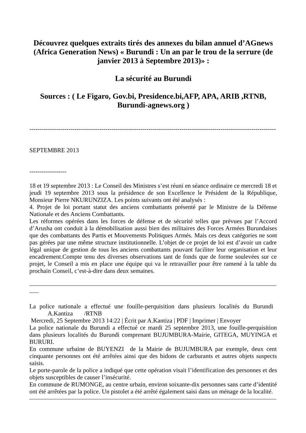 Découvrez Quelques Extraits Tirés Des Annexes Du Bilan Annuel D'agnews (Africa Generation News) « Burundi : Un an Par Le Tr