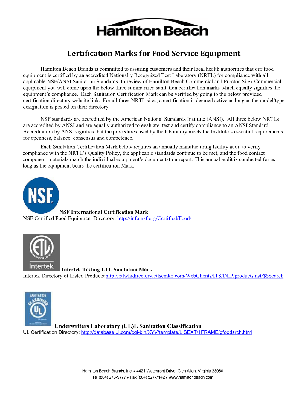 Certification Marks for Food Service Equipment