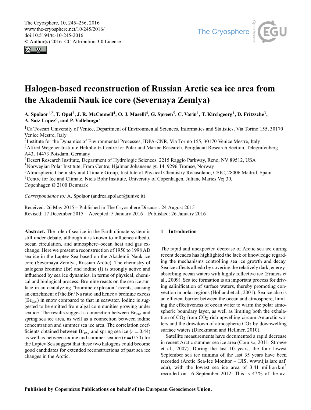 Halogen-Based Reconstruction of Russian Arctic Sea Ice Area from the Akademii Nauk Ice Core (Severnaya Zemlya)