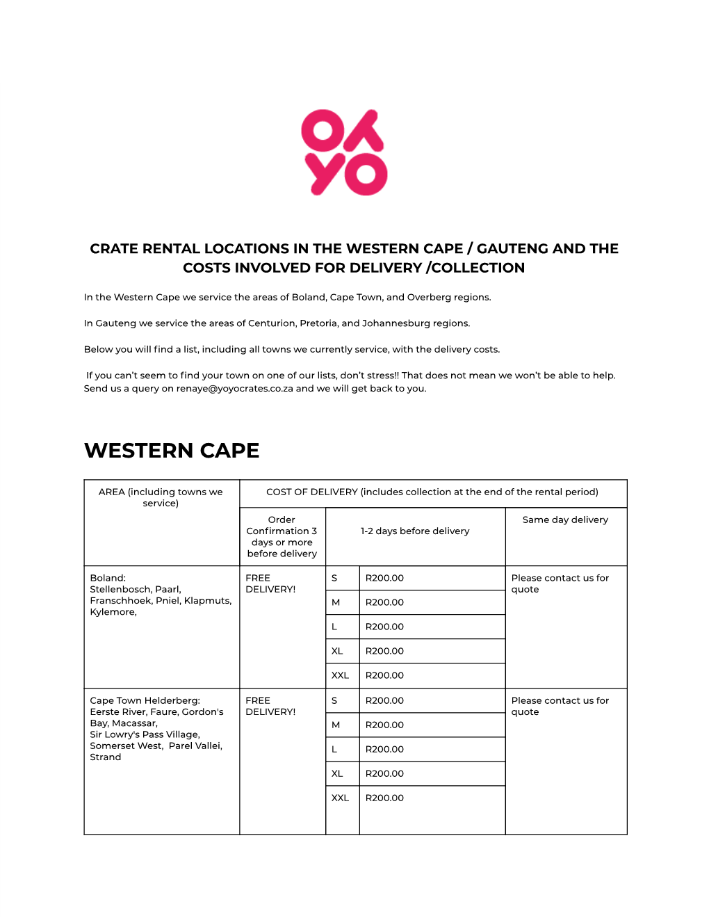 Western Cape / Gauteng and the Costs Involved for Delivery /Collection