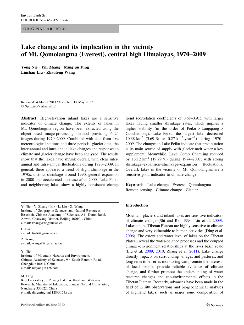 Lake Change and Its Implication in the Vicinity of Mt. Qomolangma (Everest), Central High Himalayas, 1970–2009