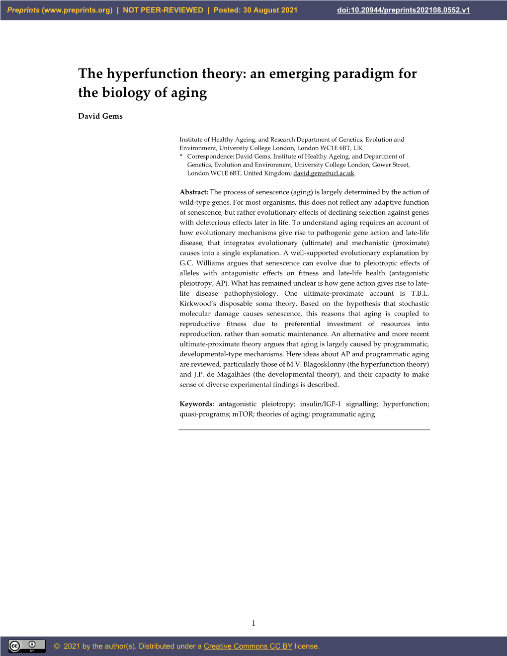The Hyperfunction Theory: an Emerging Paradigm for the Biology of Aging