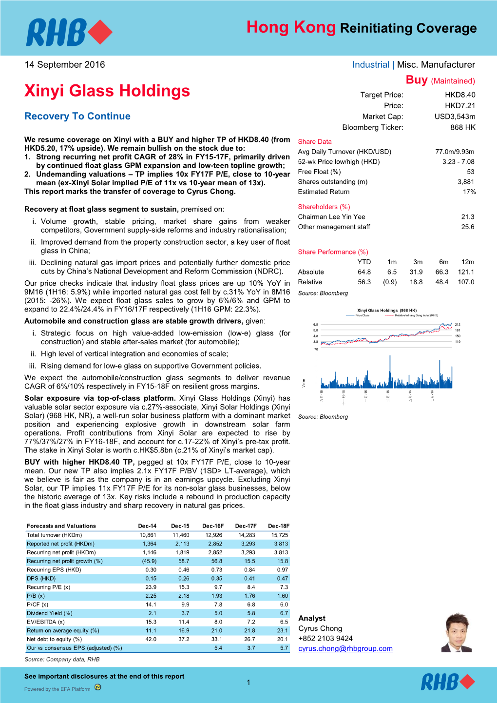 Xinyi Glass Holdings Target Price: HKD8.40 Price: HKD7.21 Recovery to Continue Market Cap: USD3,543M Bloomberg Ticker: 868 HK