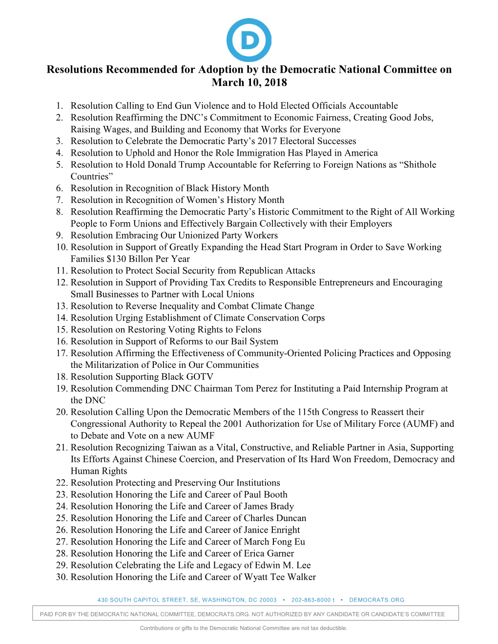 Resolutions Recommended for Adoption by the Democratic National Committee on March 10, 2018