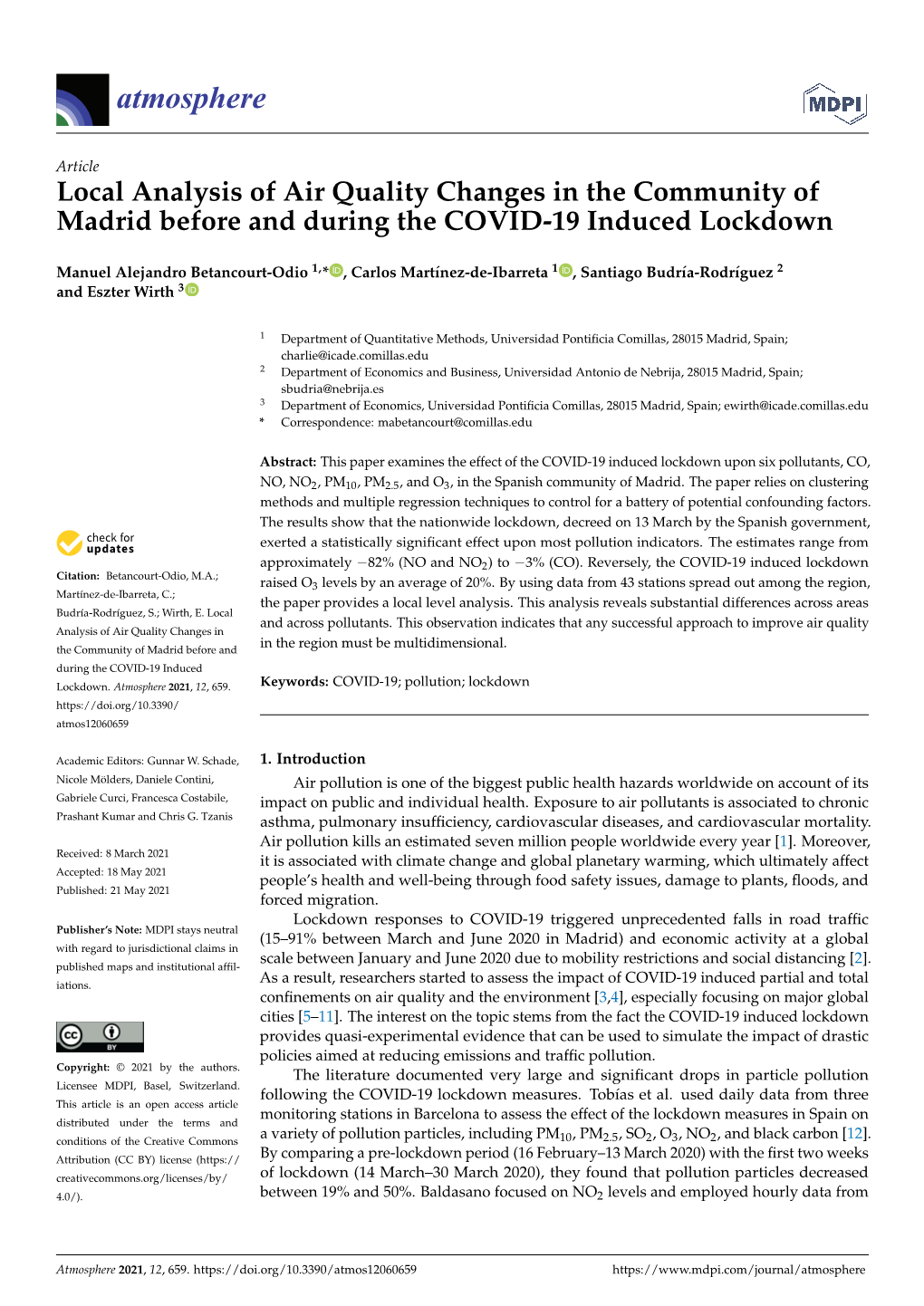 Local Analysis of Air Quality Changes in the Community of Madrid Before and During the COVID-19 Induced Lockdown