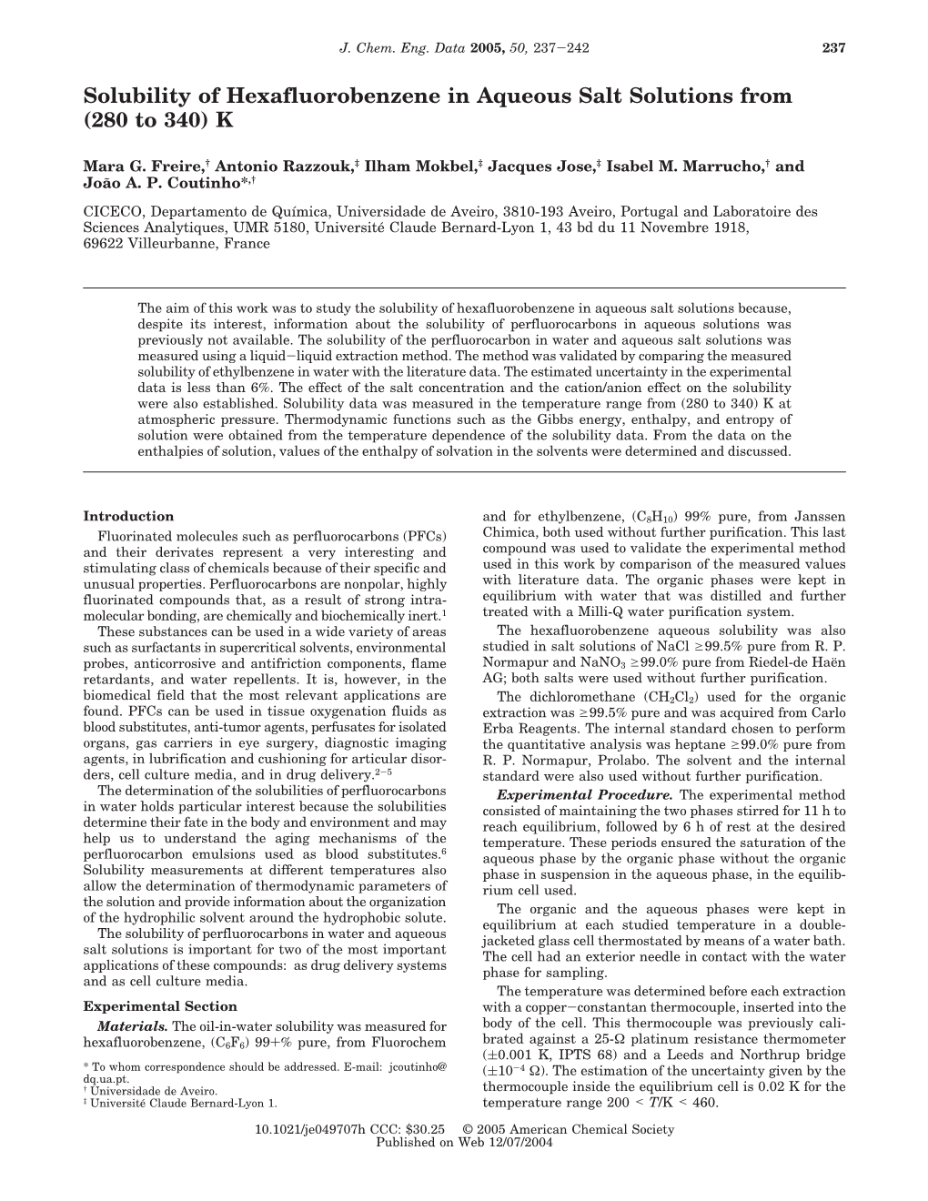 Solubility of Hexafluorobenzene in Aqueous Salt Solutions from (280 to 340) K