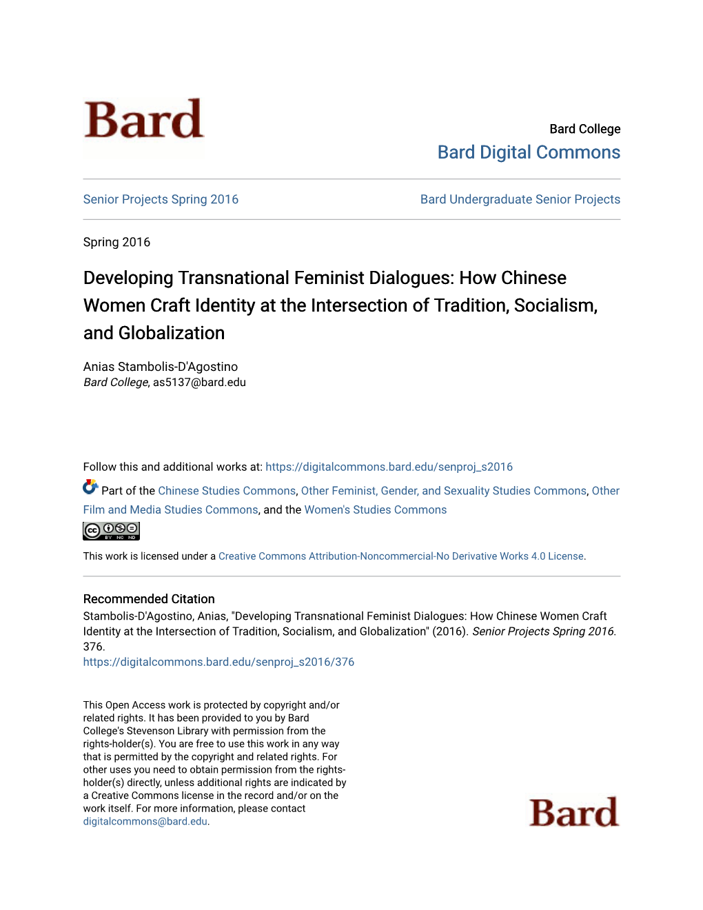 Developing Transnational Feminist Dialogues: How Chinese Women Craft Identity at the Intersection of Tradition, Socialism, and Globalization