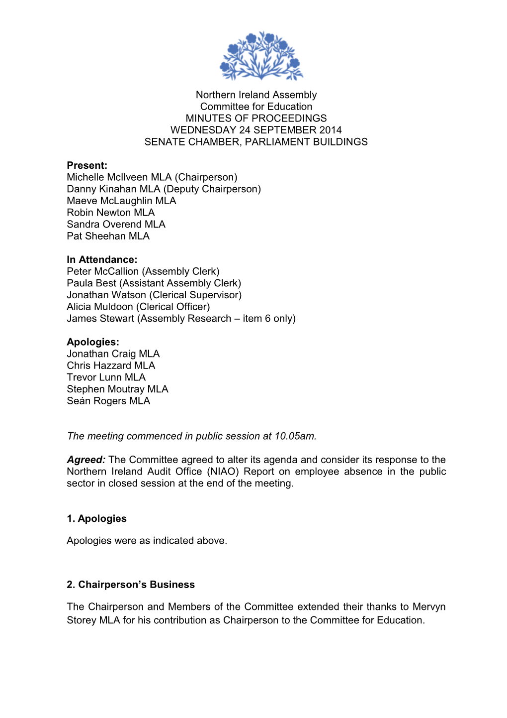 Northern Ireland Assembly Committee for Education MINUTES of PROCEEDINGS WEDNESDAY 24 SEPTEMBER 2014 SENATE CHAMBER, PARLIAMENT BUILDINGS