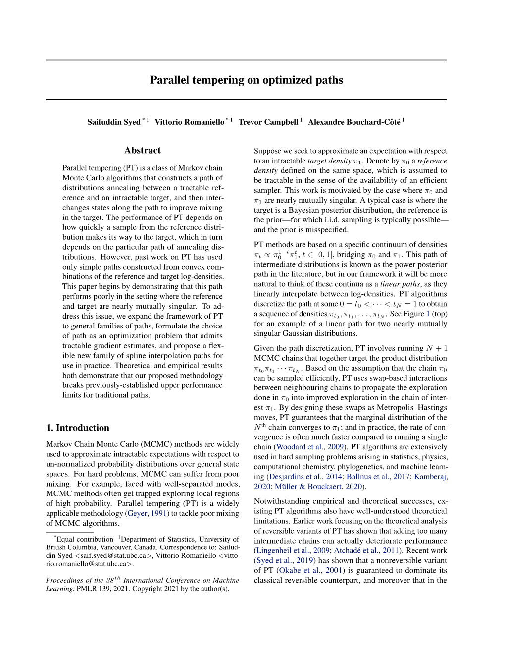 Parallel Tempering on Optimized Paths