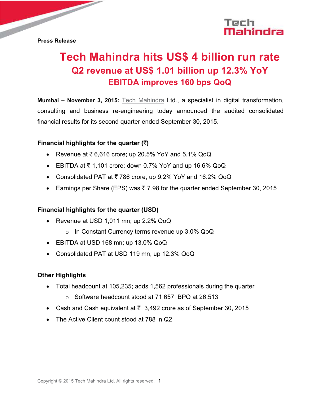 Mahindra Group Led by Tech Mahindra and Mahindra Finance, a Leading Rural NBFC, As Equal Contributors to the New Entity