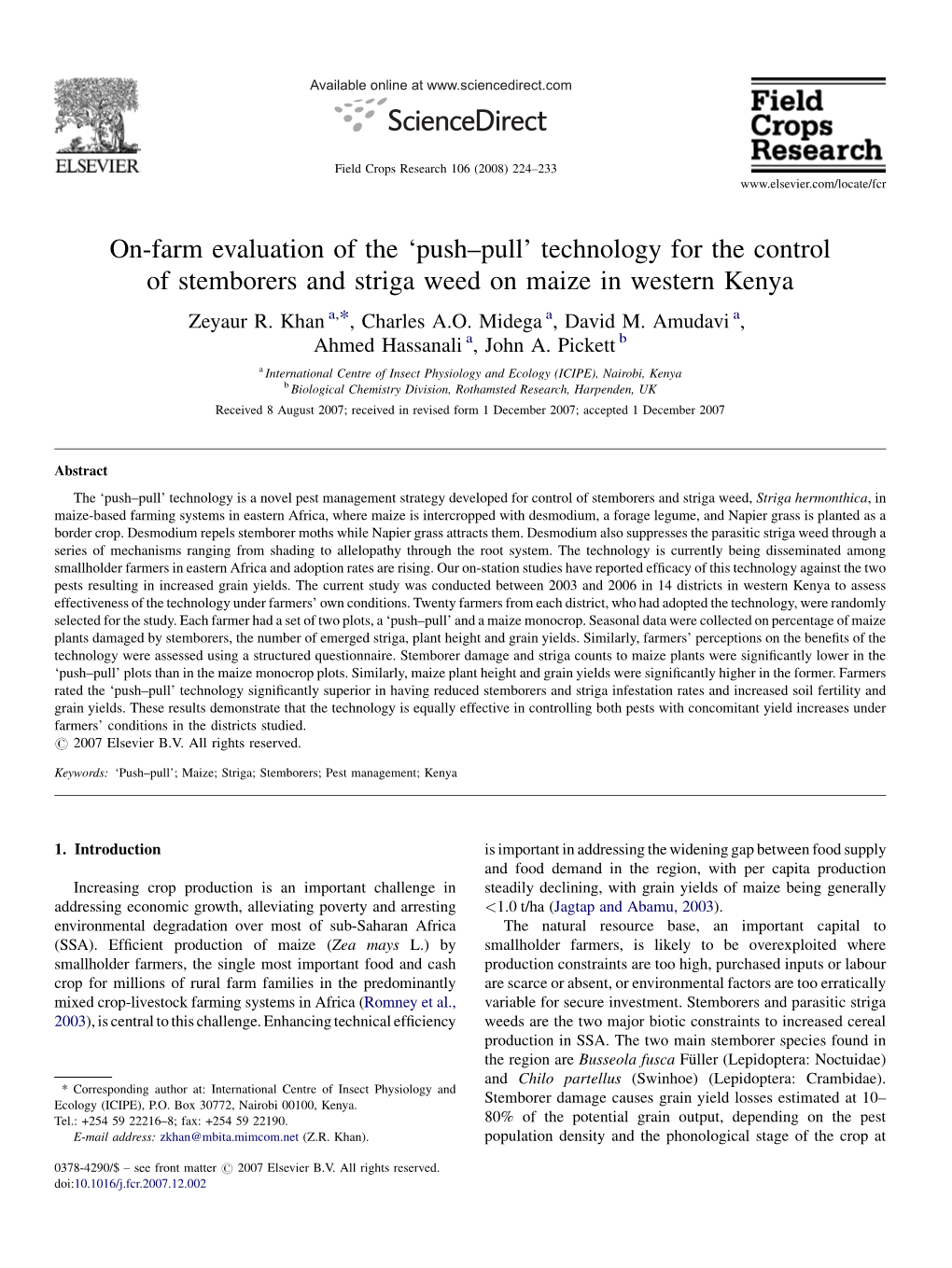 On-Farm Evaluation of the 'Push–Pull' Technology for the Control of Stemborers and Striga Weed on Maize in Western Kenya