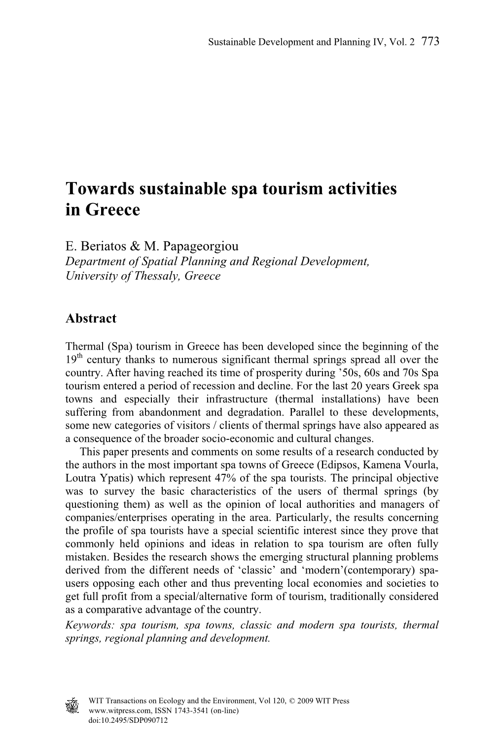 Towards Sustainable Spa Tourism Activities in Greece