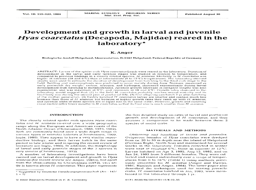 Development and Growth in Larval and Juvenile Hyas Coarctatus (Decapoda, Majidae) Reared in the Laboratory*