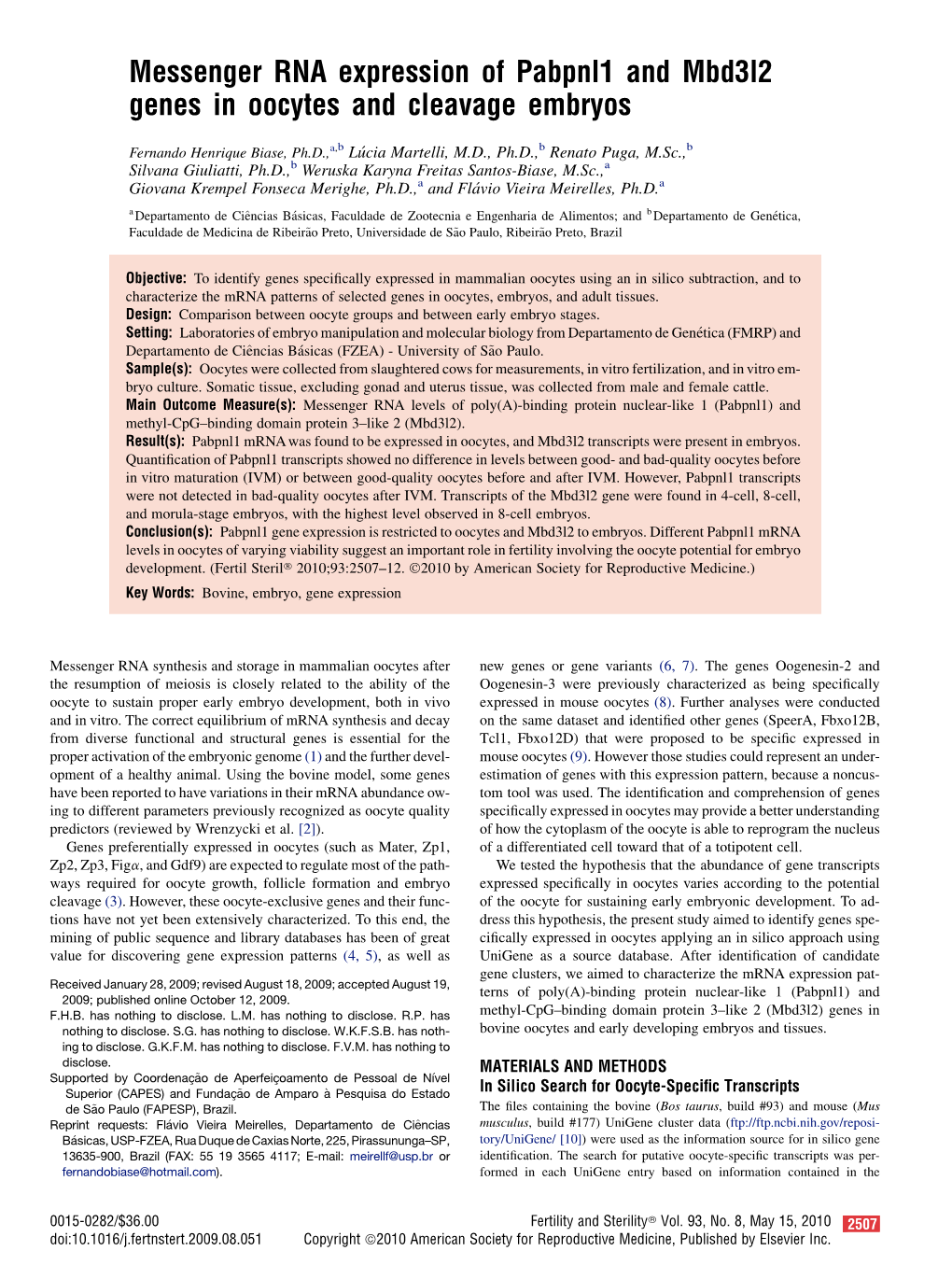 Messenger RNA Expression of Pabpnl1 and Mbd3l2 Genes in Oocytes and Cleavage Embryos