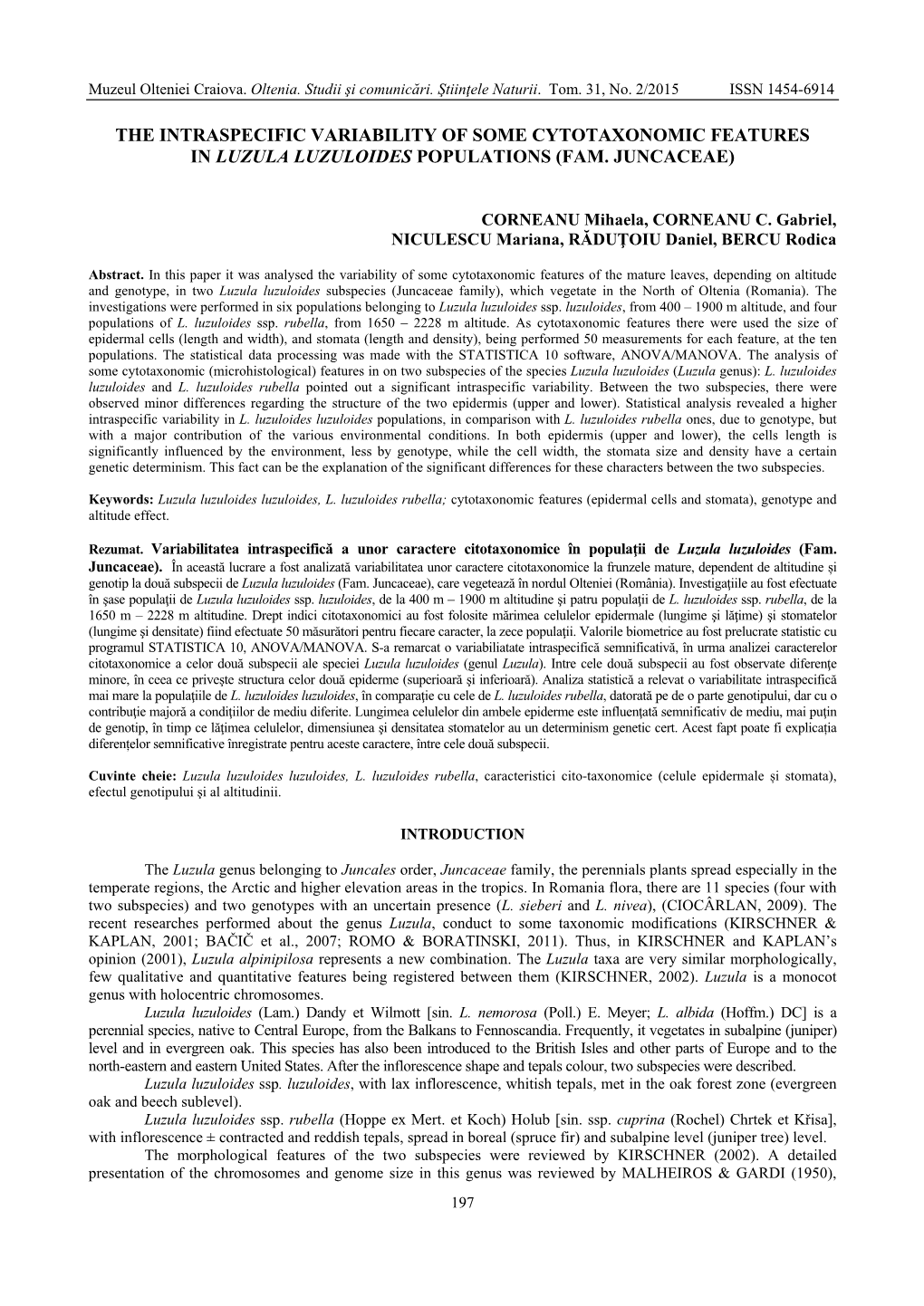 The Intraspecific Variability of Some Cytotaxonomic Features in Luzula Luzuloides Populations (Fam