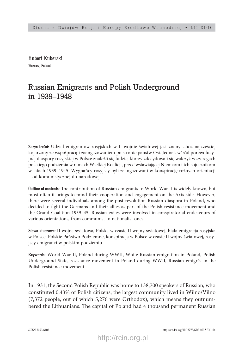 Russian Emigrants and Polish Underground in 1939–1948