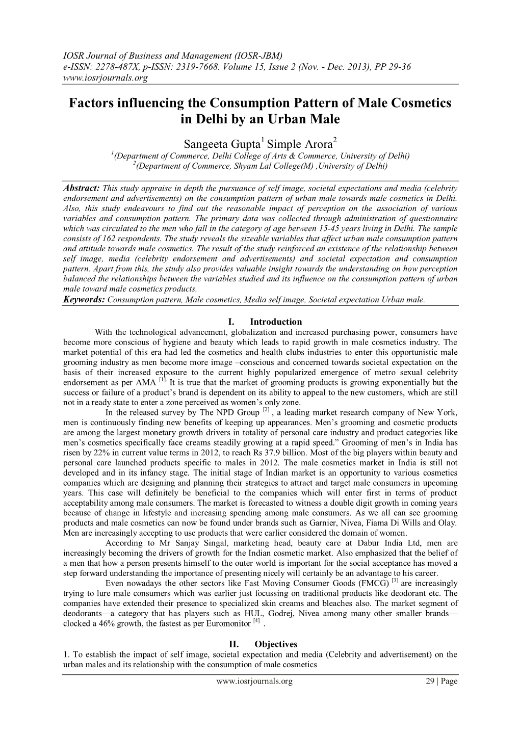 Consumption Pattern of Male Cosmetics in Urban Areas