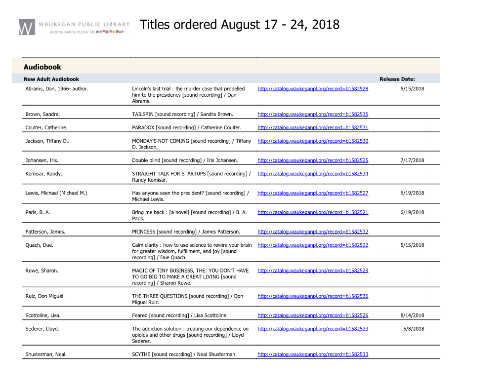 Titles Ordered August 17 - 24, 2018