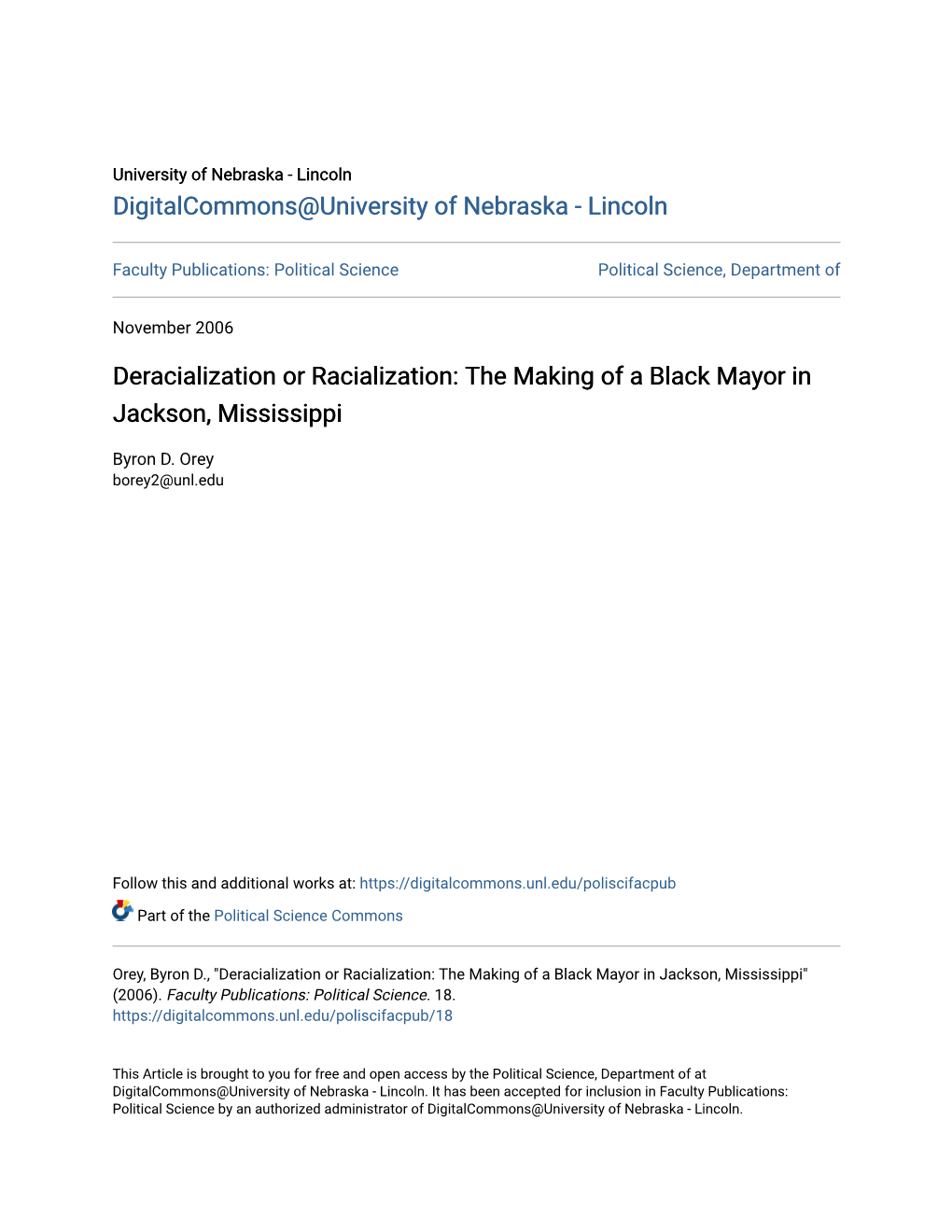 Deracialization Or Racialization: the Making of a Black Mayor in Jackson, Mississippi