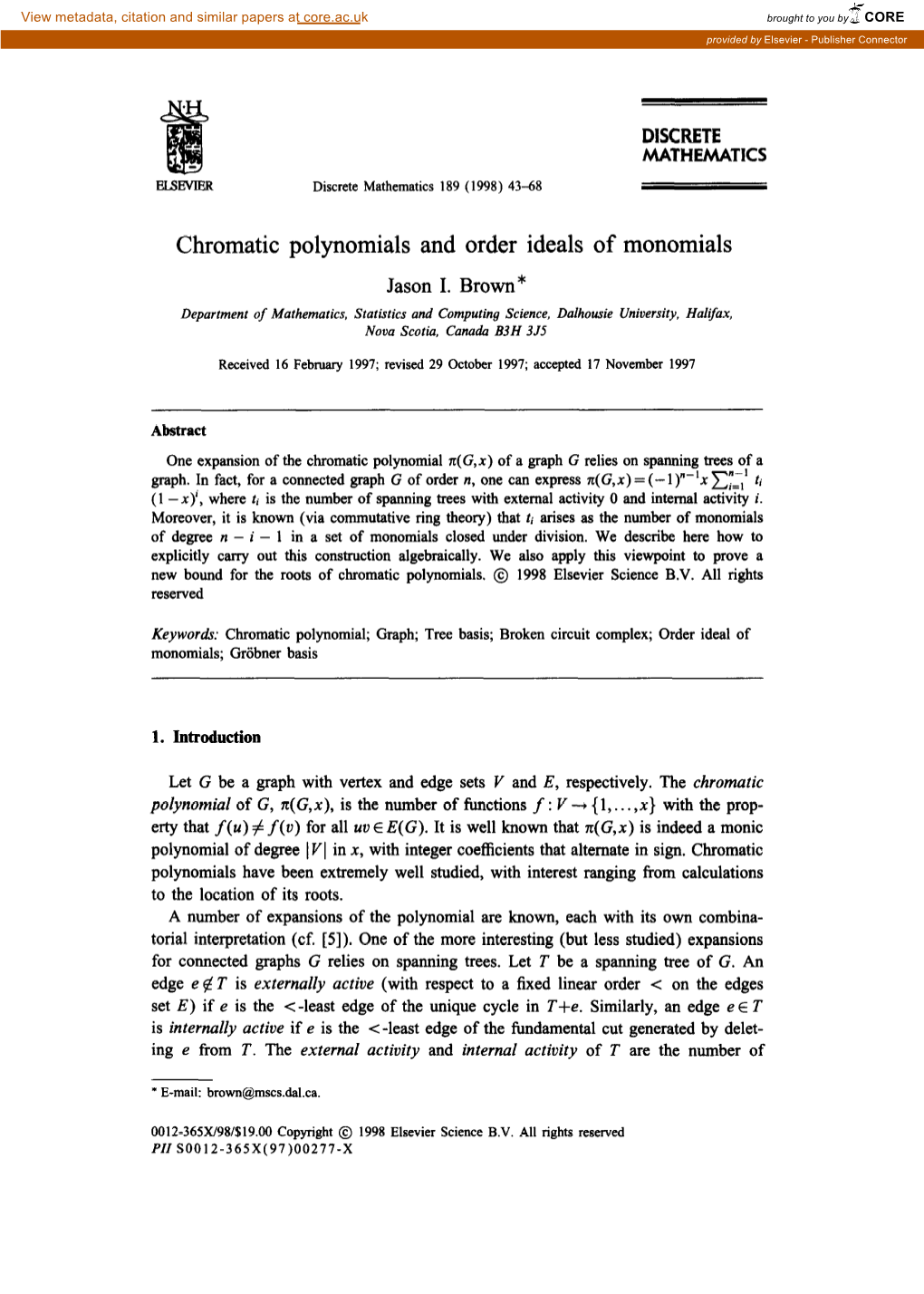 Chromatic Polynomials and Order Ideals of Monomials