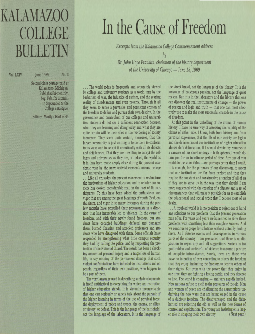 Kalamazoo College Bulletin (Vol. LXIV, June 1969, No. 3)