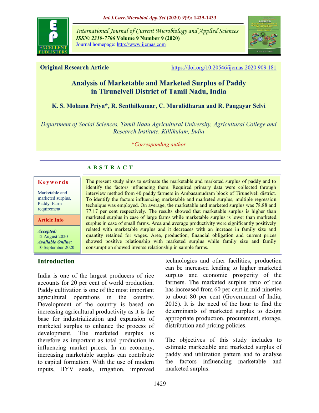 Analysis of Marketable and Marketed Surplus of Paddy in Tirunelveli District of Tamil Nadu, India