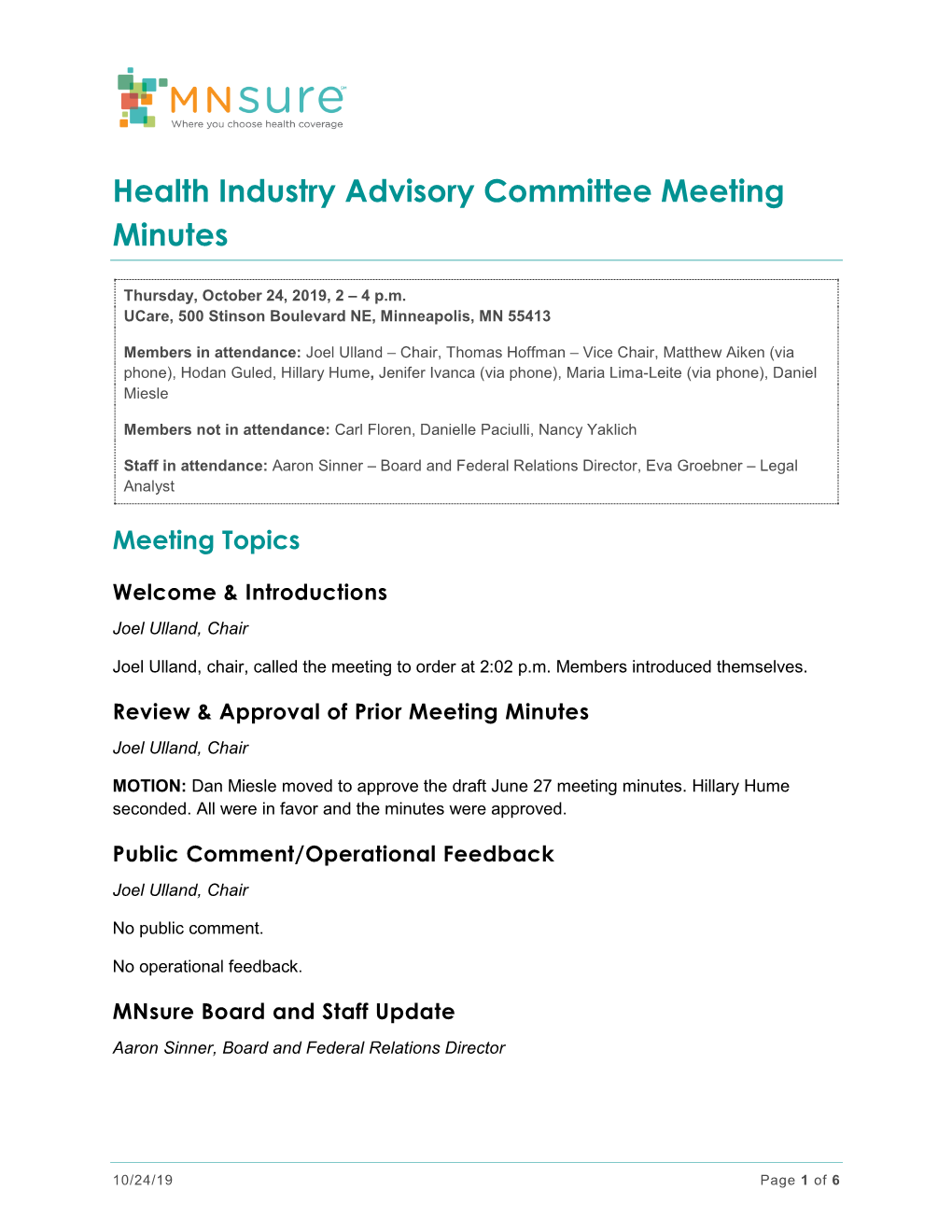 Health Industry Advisory Committee Meeting Minutes