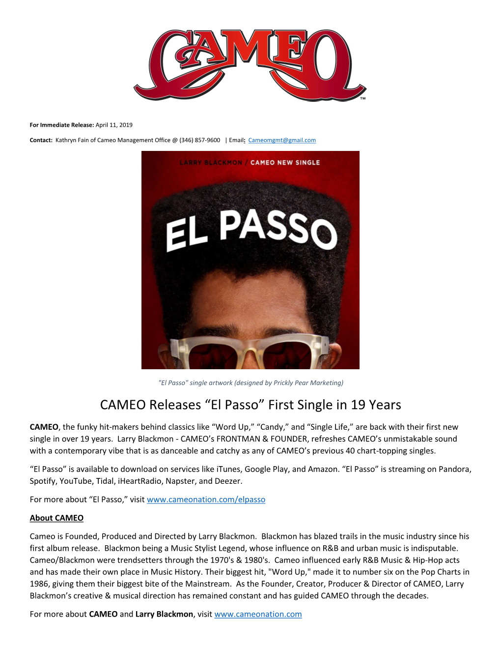 CAMEO Releases “El Passo” First Single in 19 Years